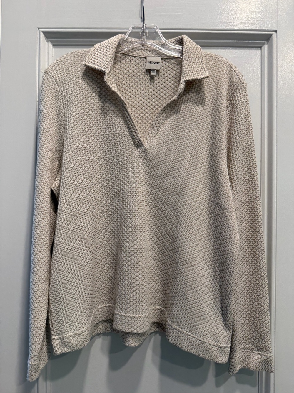 Nic+Zoe Tuck Stitch Knit Long-Sleeve Polo Sweater - Cream - Large